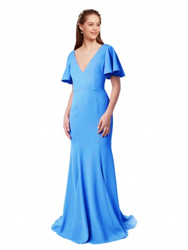 V-Back V-Neck Stretch Crepe Peacock Blue Sweep Train Prom Dress Canada Shop