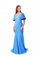 V-Back V-Neck Stretch Crepe Peacock Blue Sweep Train Prom Dress Canada Shop