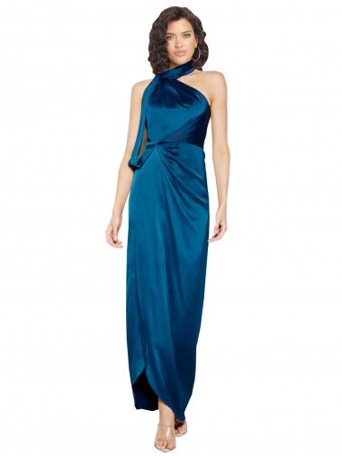 Halter Neck Silky Satin Peacock Blue Long Prom Dress Canada Shop