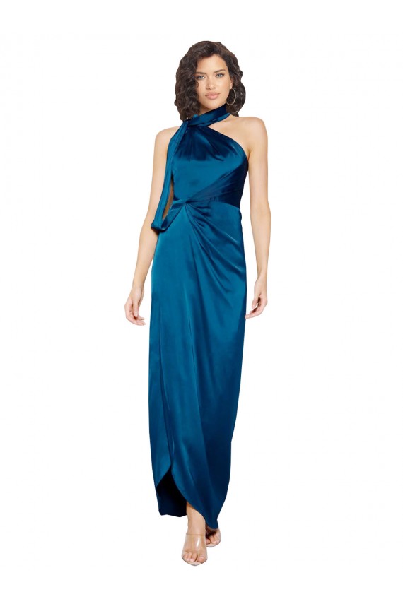 Halter Neck Silky Satin Peacock Blue Long Prom Dress Canada Shop