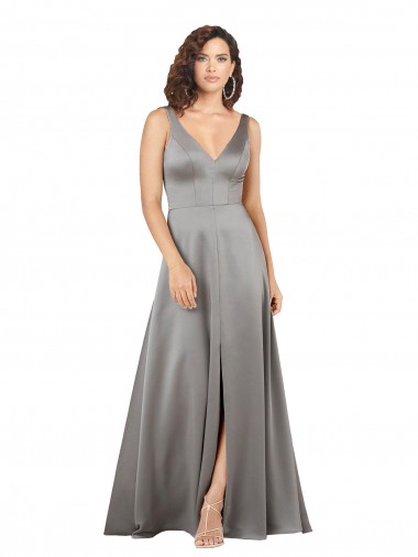 V-Neck Silky Satin Pearl Grey Long Prom Dress Canada Shop