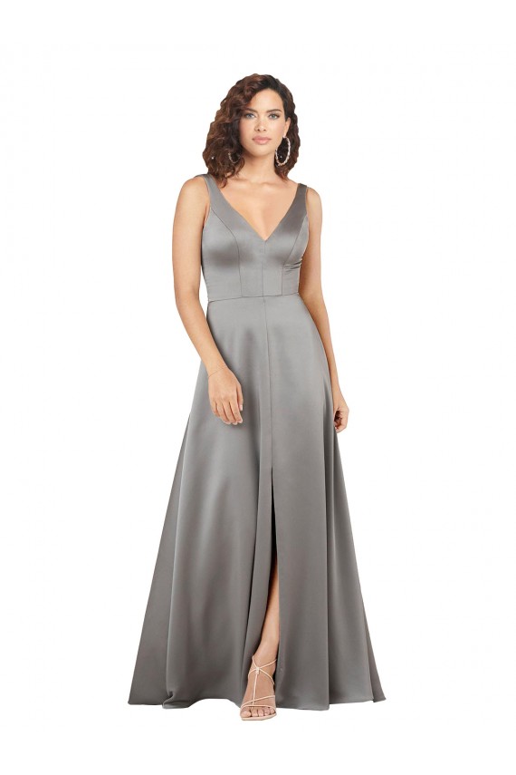 V-Neck Silky Satin Pearl Grey Long Prom Dress Canada Shop