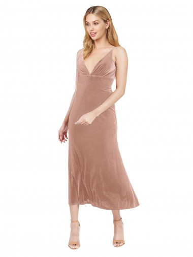 V-Back V-Neck Stretch Velvet Pink Midi Length Prom Dress Canada Shop