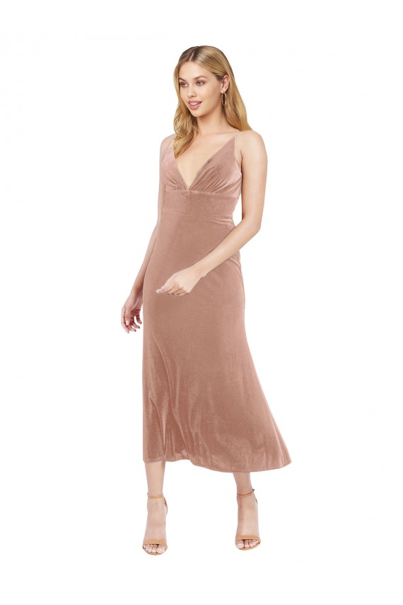 V-Back V-Neck Stretch Velvet Pink Midi Length Prom Dress Canada Shop