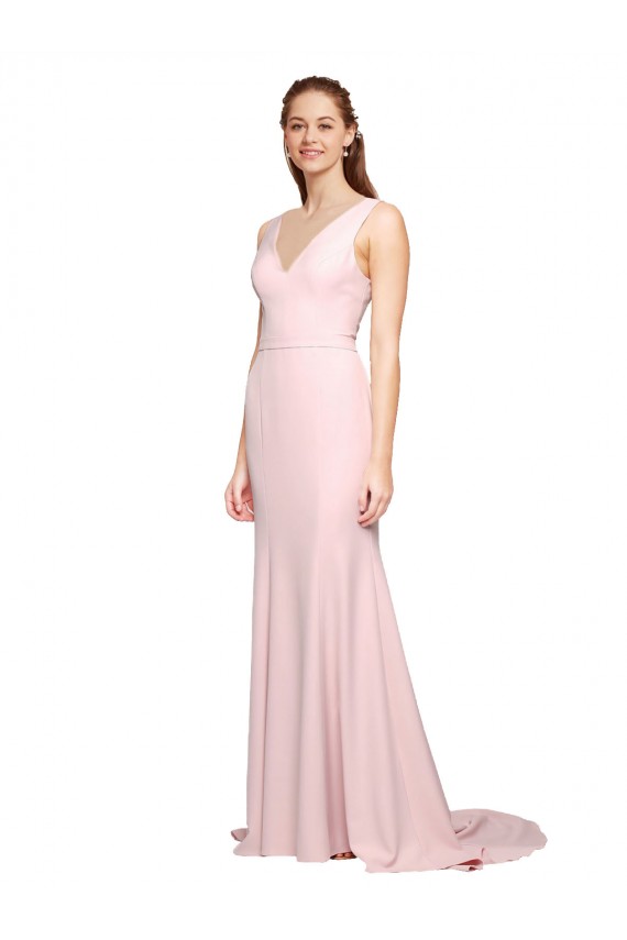 V-Back V-Neck Stretch Crepe Pink Sweep Train Prom Dress Canada Shop