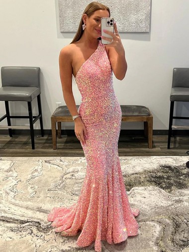 One Shoulder Velvet Sequin Pink Sweep Train Prom Dress Canada Shop