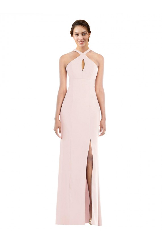 Low Back Halter Neck Stretch Crepe Pink Long Prom Dress Canada Shop