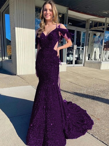 Spaghetti Straps Velvet Sequin Plum Purple Court Train Prom Dress Canada Shop