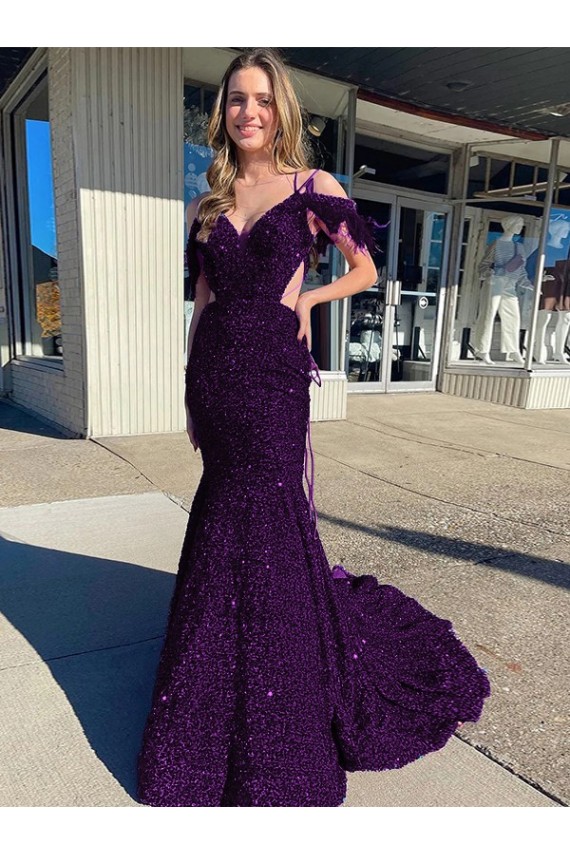 Spaghetti Straps Velvet Sequin Plum Purple Court Train Prom Dress Canada Shop