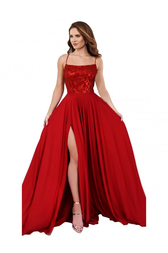 Open Back Spaghetti Straps Spandex & Lace Red Long Prom Dress Canada Shop