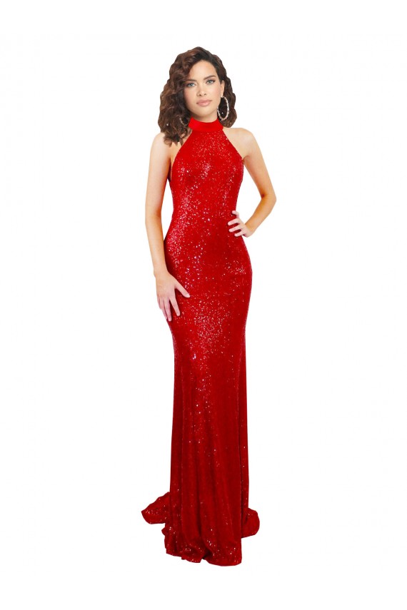 Open Back Halter Neck Sequin Red Long Prom Dress Canada Shop