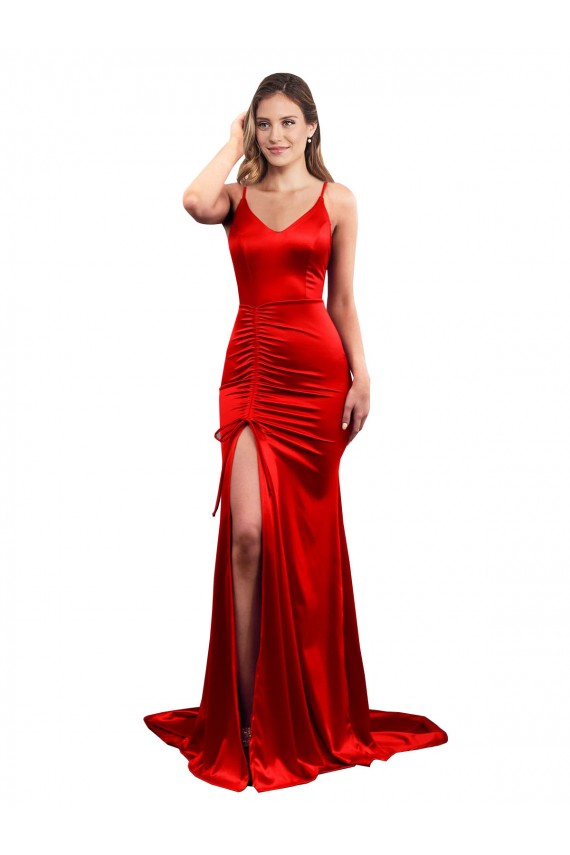 Low Back Sweetheart Stretch Satin Red Long Sexy Prom Dress Canada Shop