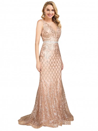V-Back V-Neck Sequin & Sparkling Sequin Rose Gold Long Plus Size Prom Dress Canada Shop