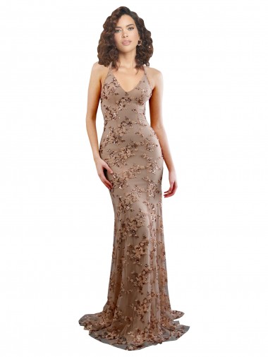 Open Back V-Neck Stretch Crepe & Sequin Tulle Rose Gold Long Prom Dress Canada Shop