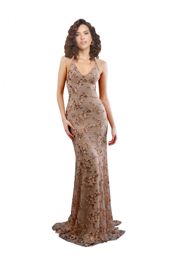 Open Back V-Neck Stretch Crepe & Sequin Tulle Rose Gold Long Prom Dress Canada Shop