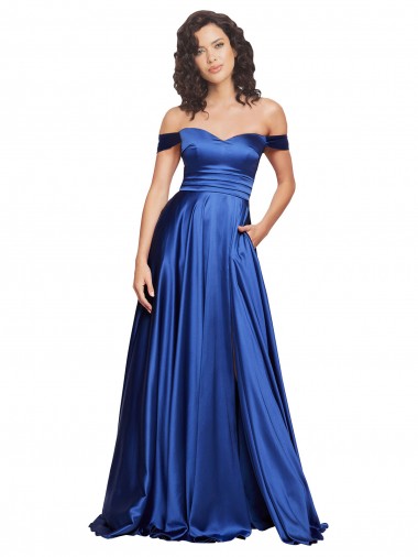 Off the Shoulder Stretch Satin Royal Blue Sweep Train Prom Dress Canada Shop