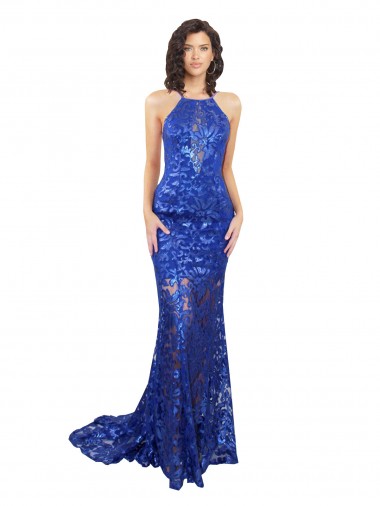 Open Back High Neck Lace Royal Blue Long Prom Dress Canada Shop