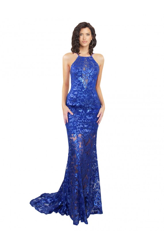 Open Back High Neck Lace Royal Blue Long Prom Dress Canada Shop