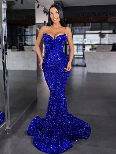 Spaghetti Straps Velvet Sequin Royal Blue Sweep Train Prom Dresses Canada Shop
