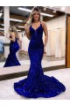 V-Neck Velvet Sequin Royal Blue Court Train Prom Dress Canada Shop