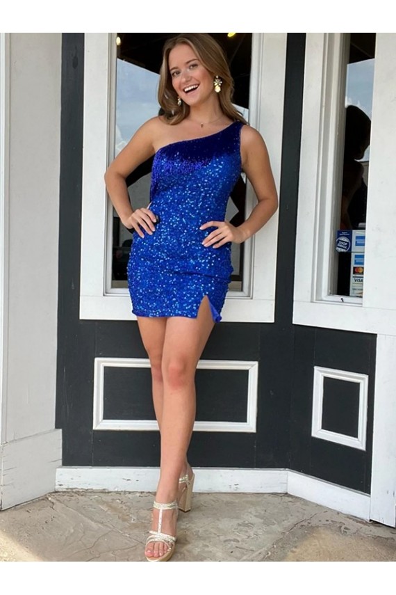 One Shoulder Velvet Sequin Royal Blue Short Short Prom Dress Canada Shop