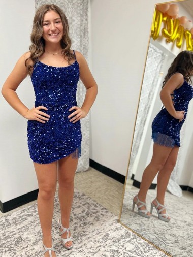 Spaghetti Straps Velvet Sequin Royal Blue Short Homecoming Dress / Prom Dress Canada Shop