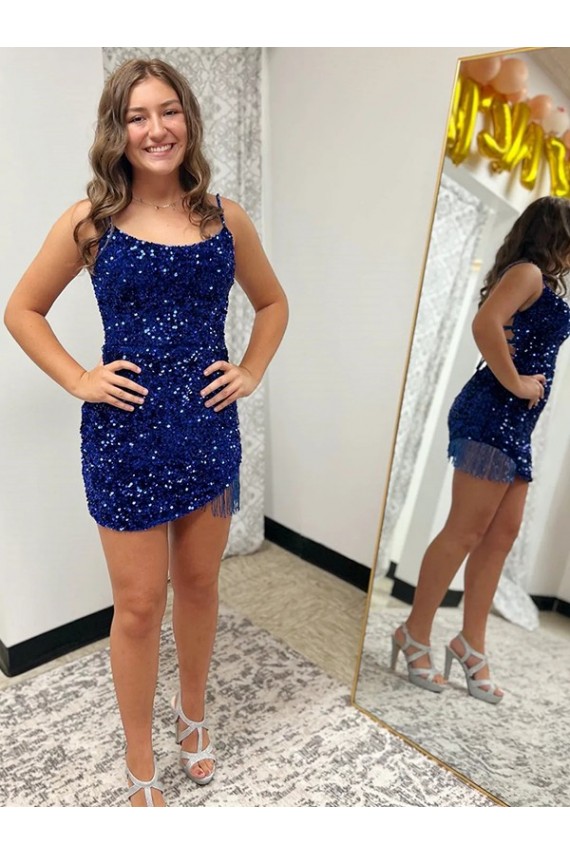 Spaghetti Straps Velvet Sequin Royal Blue Short Homecoming Dress / Prom Dress Canada Shop