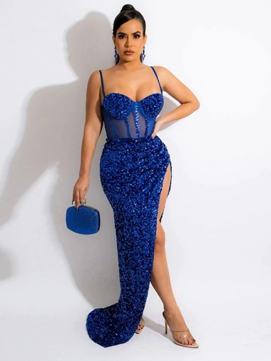Spaghetti Straps Velvet Sequin Royal Blue Sweep Train Long Prom Dress Canada Shop