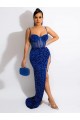 Spaghetti Straps Velvet Sequin Royal Blue Sweep Train Long Prom Dress Canada Shop