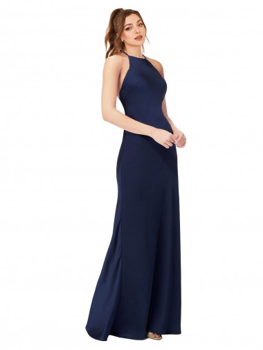 Open Back High Neck Silky Satin Sapphire Long Prom Dress Canada Shop