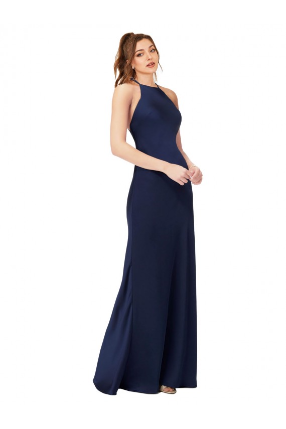 Open Back High Neck Silky Satin Sapphire Long Prom Dress Canada Shop