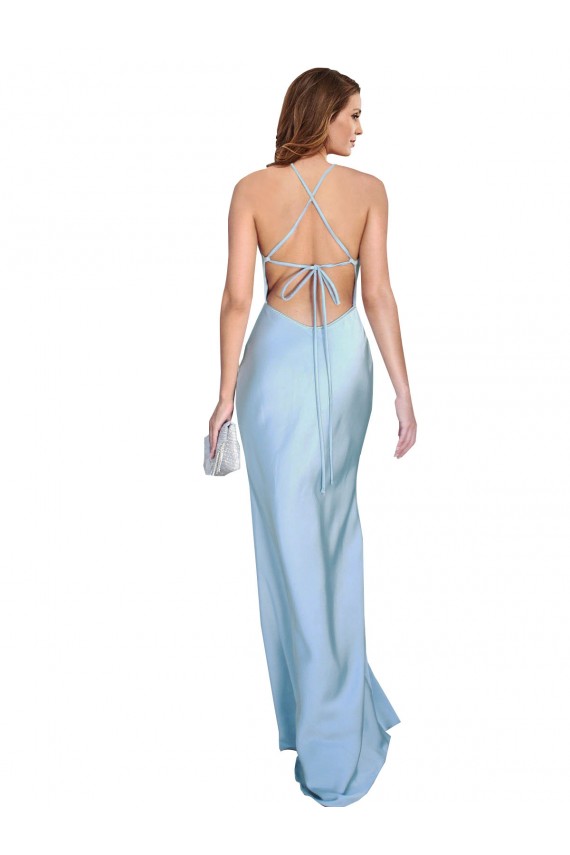 Open Back Cowl Neck Silky Satin Light Sky Blue Long Prom Dress Canada Shop