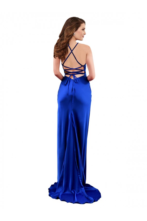 Open Back Cowl Neck Silky Satin Royal Blue Long Prom Dress Canada Shop