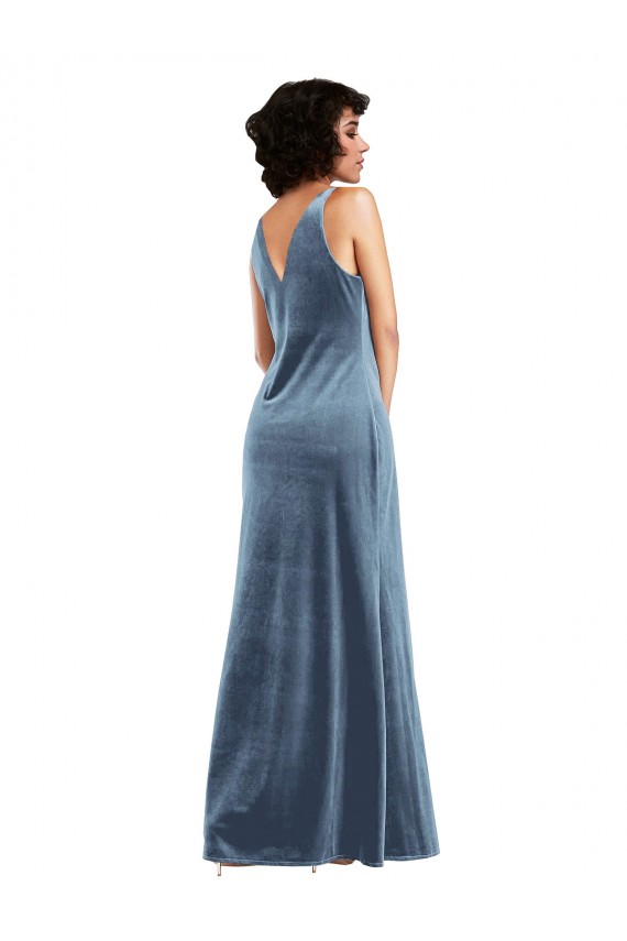 V-Back Cowl Neck Stretch Velvet Dusty Blue Long Prom Dress Canada Shop
