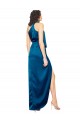 Halter Neck Silky Satin Peacock Blue Long Prom Dress Canada Shop