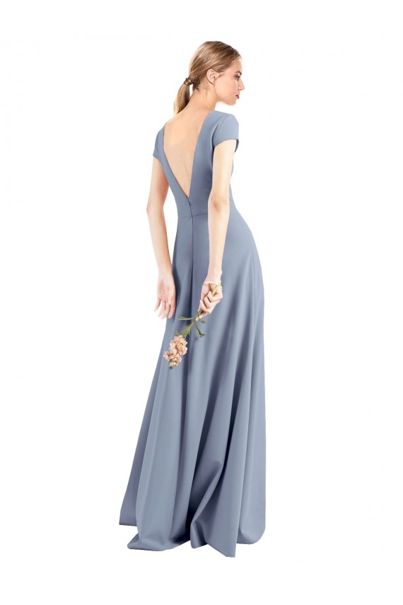 V-Neck Stretch Crepe Smoke Blue Long Prom Dress Canada Shop