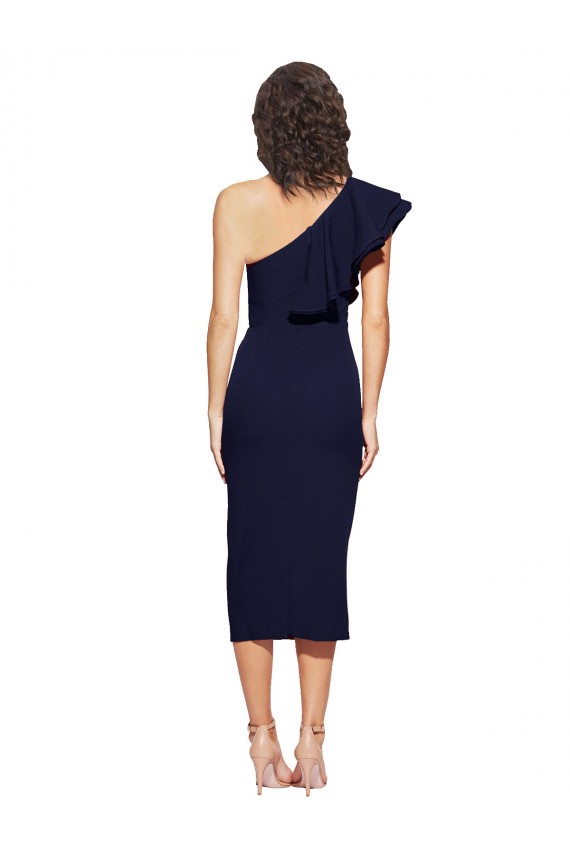 One Shoulder Stretch Crepe Dark Navy Midi Length Prom Dress Canada Shop