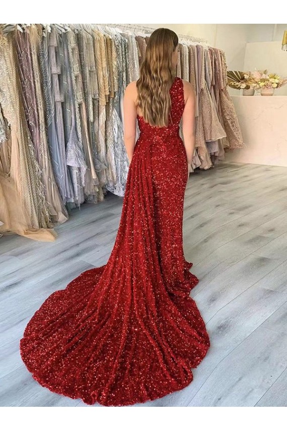 One Shoulder Velvet Sequin Burgundy Court Train Prom Dress Canada Shop
