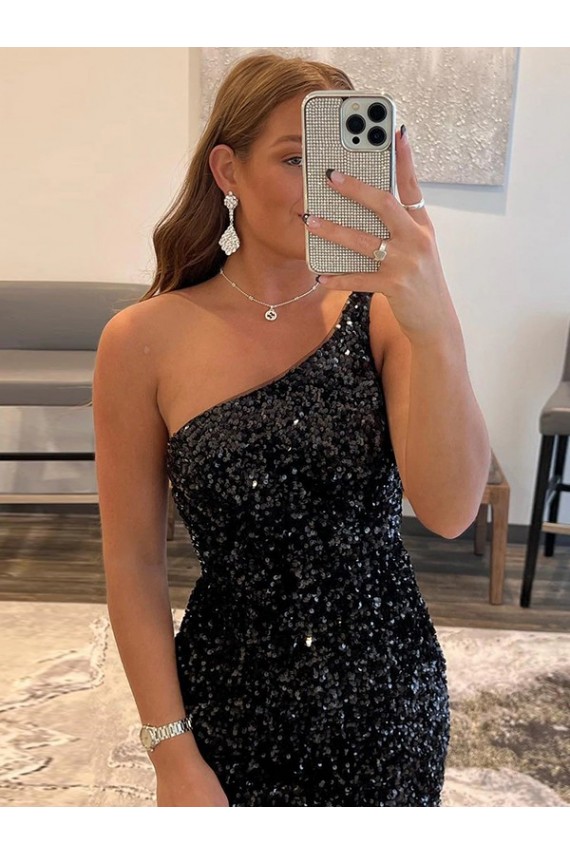 One Shoulder Velvet Sequin Black Short Homecoming Dress Canada Shop