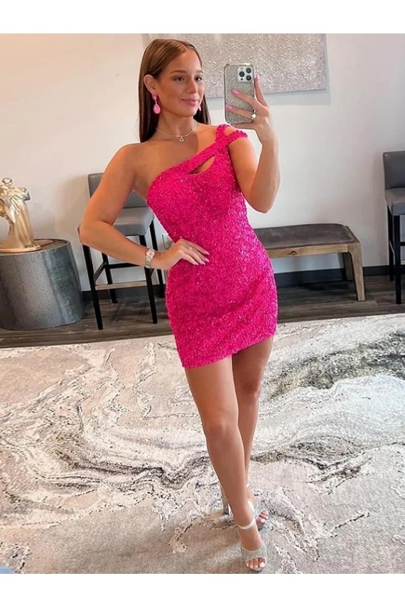 One Shoulder Velvet Sequin Fuchsia Short Short Prom Dress Canada Shop