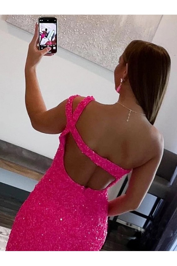 One Shoulder Velvet Sequin Fuchsia Short Short Prom Dress Canada Shop