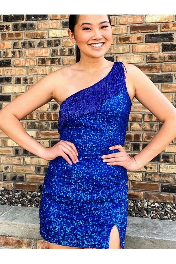 One Shoulder Velvet Sequin Royal Blue Short Short Prom Dress Canada Shop