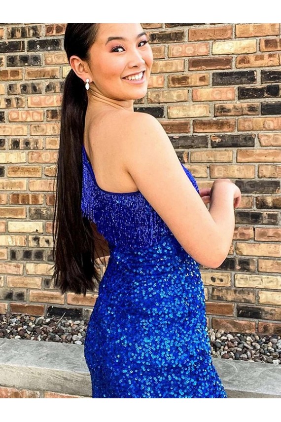 One Shoulder Velvet Sequin Royal Blue Short Short Prom Dress Canada Shop
