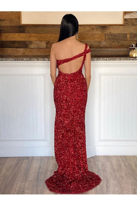 One Shoulder Velvet Sequin Burgundy Sweep Train Prom Dress Canada Shop