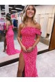One Shoulder Velvet Sequin Fuchsia Sweep Train Sexy Prom Dress Canada Shop