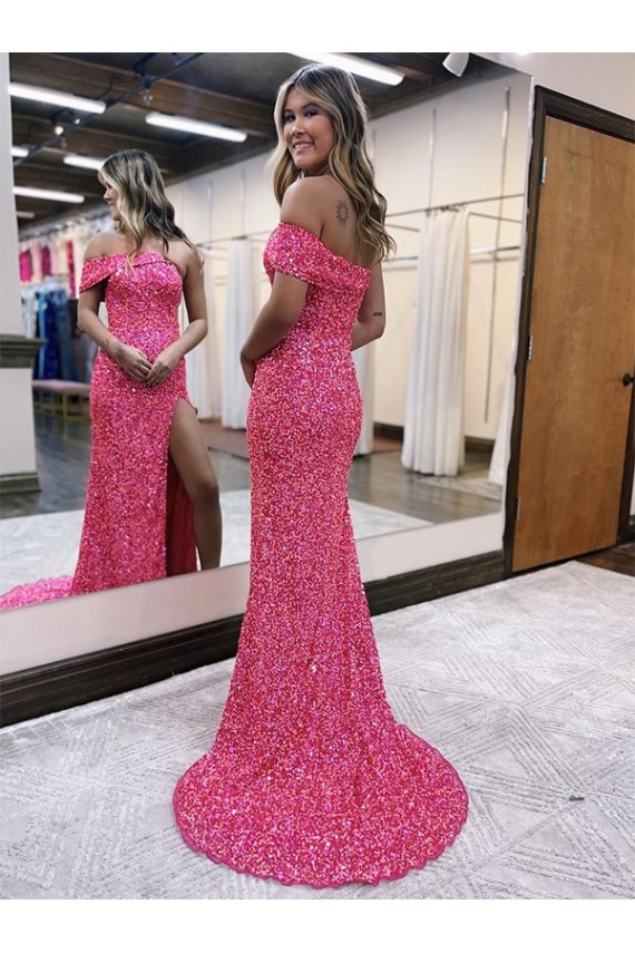 One Shoulder Velvet Sequin Fuchsia Sweep Train Sexy Prom Dress Canada Shop