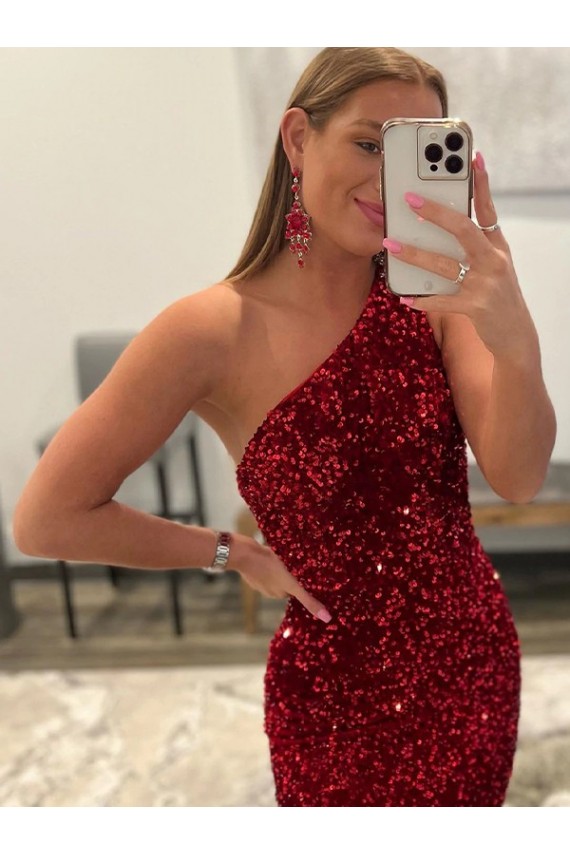 One Shoulder Velvet Sequin Pink Sweep Train Prom Dress Canada Shop