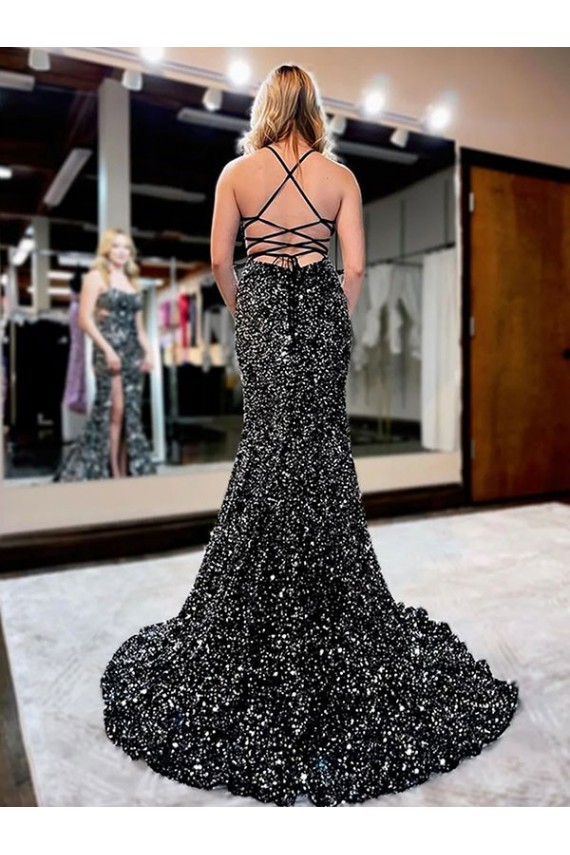Spaghetti Straps Velvet Sequin Sweep Train Prom Evening Gown Canada Shop