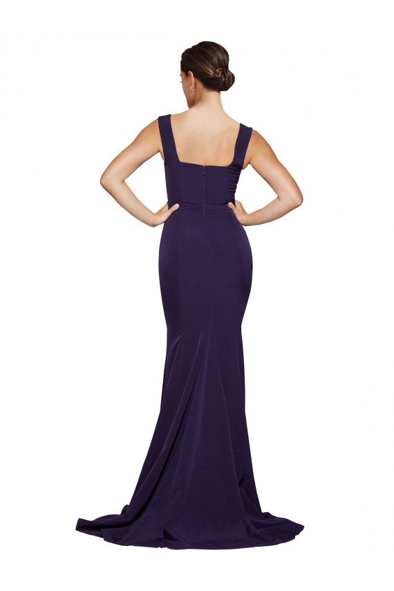 Square Neck Stretch Crepe Dark Navy Sweep Train Prom Dress Canada Shop