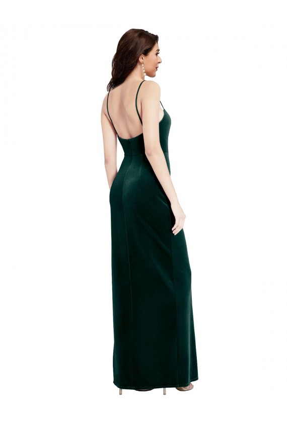 Low Back Spaghetti Straps Stretch Velvet Dark Green Long Prom Dress Canada Shop